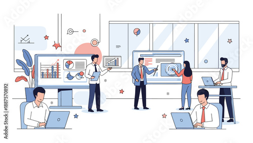 Business team presenting data and analytics on interactive screens during a strategy meeting in a modern office.