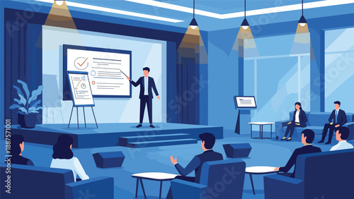 Business speaker giving a lecture to an audience in a large professional seminar hall with screens.