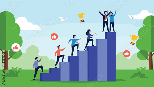 Motivated team members climbing a bar chart toward success and a gold trophy representing career goals.