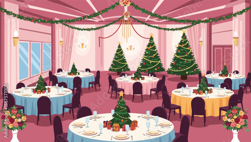 Large event hall decorated for a Christmas banquet with trees, festive garlands, and elegant tables.