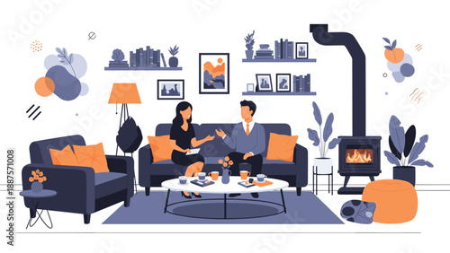 Relaxed couple having a conversation while sitting on a sofa in a cozy living room with a warm fireplace and decor.