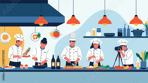 Group of professional chefs preparing diverse dishes in a modern commercial kitchen with a photographer.