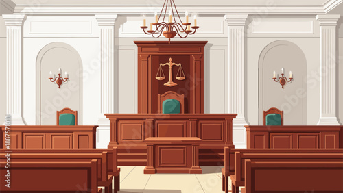 Classic courtroom interior with empty wooden benches, columns, and the scales of justice displayed on the wall.