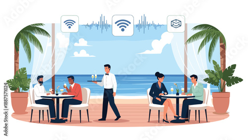 People dining at an elegant outdoor restaurant located on a tropical beach under palm trees and a clear blue sky.