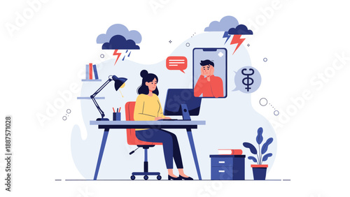 Stressed female worker having a difficult video call at her desk during a stormy day in a home office illustration.