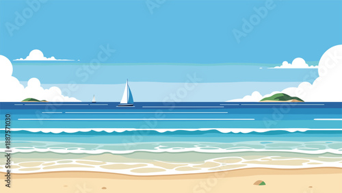 Beautiful tropical beach scenery with white sand, turquoise water, and a lone sailboat on the calm ocean horizon.