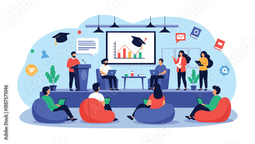 Educational seminar with speakers on a stage presenting data to a group of students using laptops and bean bags.