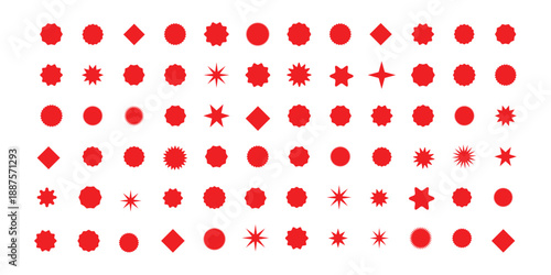 Set of red starburst. Price sticker, sale sticker, price tag, starburst, quality mark, retro stars, sale. Circle sticker set. red starburst shape tags 