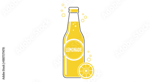 Illustration of a sparkling lemonade bottle with bubbles, isolated on a clean white background, featuring a vibrant lemon slice design