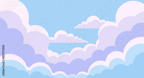 A serene and dreamy cartoon sky filled with soft, pastel-colored clouds, creating a whimsical and peaceful background scene perfect for various design projects and digital art