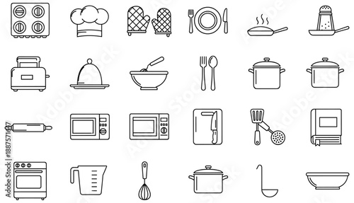 Kitchen Tools and Appliance Line Icons: Stove, Chef Hat, Oven Mitt, Frying Pan, Salt Shaker, Toaster, Microwave, Pot, Bowl, Whisk, Cookbook, Minimalist Style