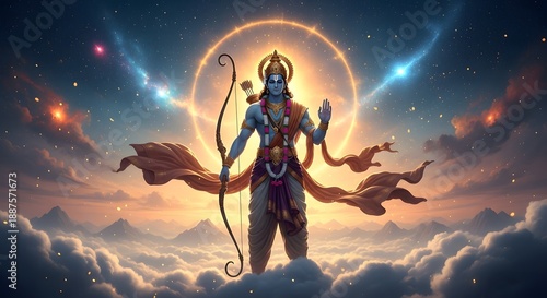 Lord Ram with the bow and majestic mountain background, made by Ai