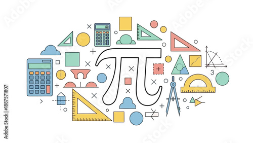 Mathematics, Pi Symbol, and Geometric Shapes A Colorful Illustration Representing the World of Numbers and Calculations