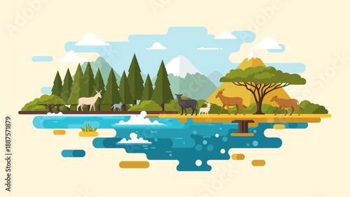 Flat vector illustration of a serene natural landscape with rolling hills, trees, a body of water, and various animals roaming freely