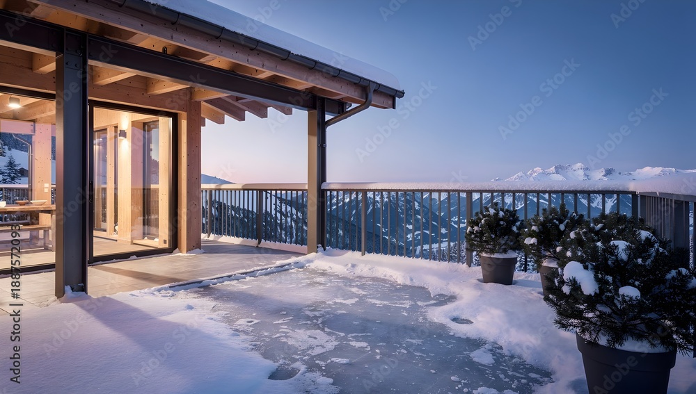 Fototapeta premium Cosy wooden mountain cabin balcony with chairs overlooking a breath taking snowy alpine landscape during a serene winter morning at sunrise, travel adventure background