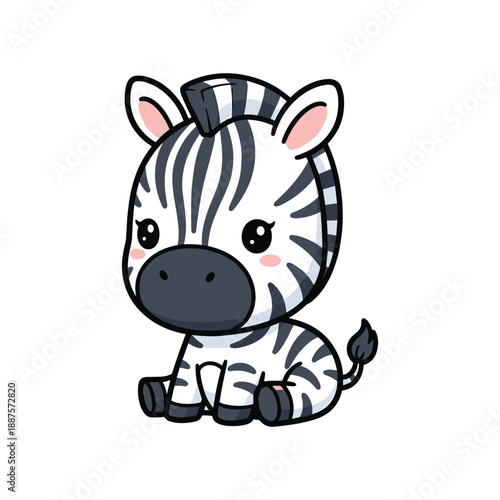Cute cartoon zebra with black and white stripes sitting down with pink cheeks and ears animal