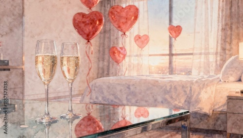 Romantic Hotel Room with Champagne Glasses and Heart Balloons