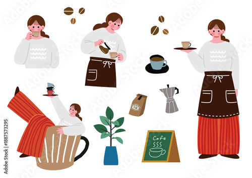 カフェで働く女性のイラストセット