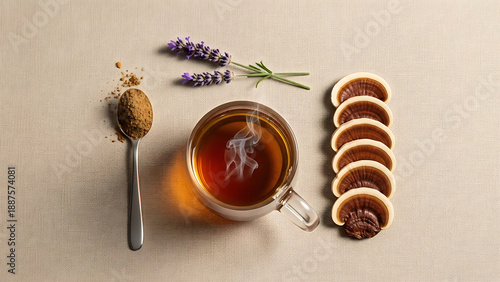 Elegant Medicinal Mushroom Wellness Elixir in Glass with Dried Reishi, Extract Powder and Herbs for Holistic Health and Adaptogenic Benefits, Minimalist Flat Lay.