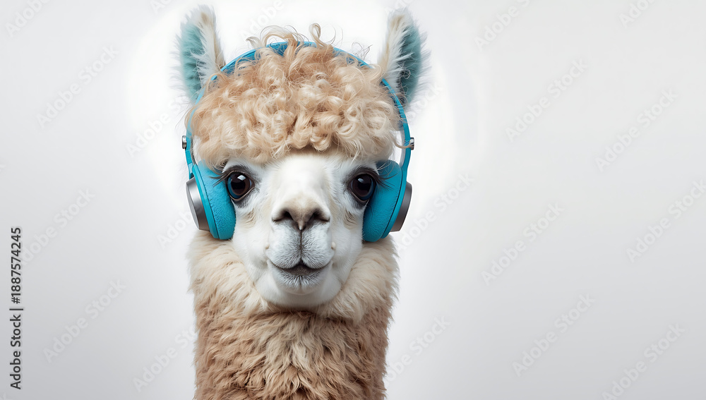 Fototapeta premium Cute fluffy llama with blue fur accents and gentle smile isolated on white background, expressing charm, friendliness, playful personality, and adorable animal character