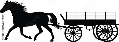 Horse pulling wooden wagon silhouette illustration depicting rural transport, agriculture, and traditional countryside travel in bold black vector style