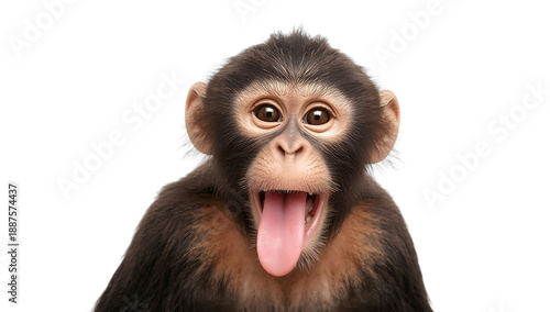 Funny monkey with dark brown fur and playful expression isolated on white background, capturing humor, curiosity, expressive emotions, and lively wildlife character energy