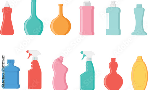 Household cleaning product bottles set illustration with detergent spray containers for home hygiene packaging design and retail branding