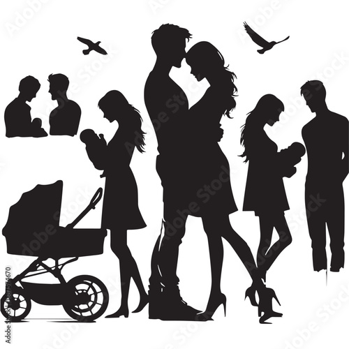 Black New Parenthood Realities Silhouette Vector, High Quality Illustration on White Background
