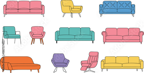 Modern sofa and armchair furniture illustration set featuring colorful couches and lounge chairs for interior design, home decor, and living room concepts