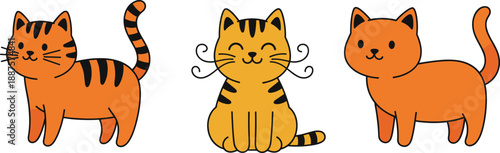 Cute orange cat cartoon character set. Funny kittens in simple flat vector style. Adorable pet cats illustration for kids design, stickers, games, and branding.