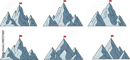 Mountain climbing route illustration set with summit flags showing hiking paths adventure goals exploration and achievement concept design