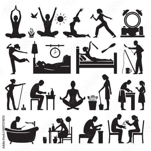 Black Morning & Evening Routines Silhouette Vector, High Quality Illustration on White Background