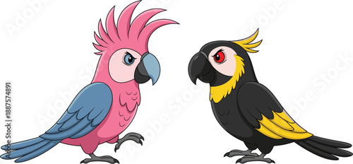 Colorful parrot cartoon character set. Cute cockatoo birds in vibrant vector style. Exotic pet parrots illustration for kids design, stickers, games, and animal branding.