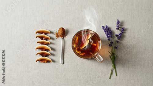 Elegant Medicinal Mushroom Wellness Elixir in Glass with Dried Reishi, Extract Powder and Herbs for Holistic Health and Adaptogenic Benefits, Minimalist Flat Lay.