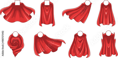 Red superhero cape set illustration showing dynamic flowing cloaks angles for fantasy characters comic heroes costume design assets