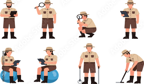 Park ranger and explorer character set with magnifier clipboard and metal detector for wildlife conservation and nature research vector