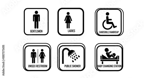 Toilet icons set, common male female restroom, handicap wheelchair access, WC direction, baby changing table room, toilet signs, WC signs collection