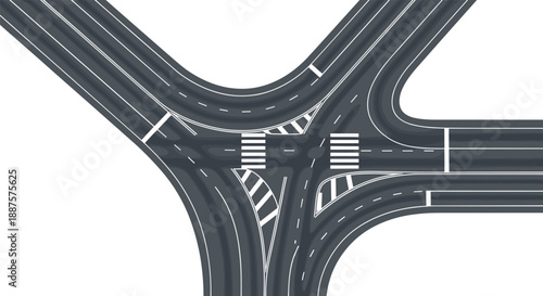 Urban road intersection illustration with multiple lanes, crosswalks, and curved streets showing modern traffic infrastructure design in detailed flat vector style