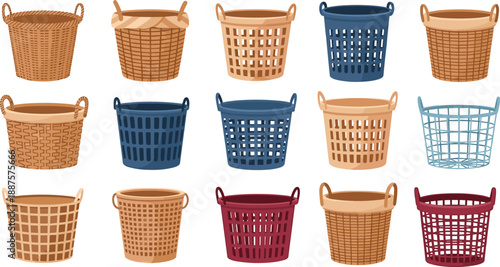 Wicker and plastic laundry basket collection illustration featuring various shapes, colors, and weaving styles for household storage and home organization design