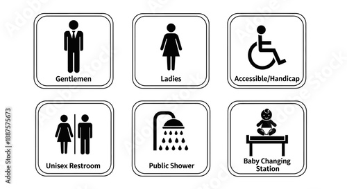 Toilet icons set, common male female restroom, handicap wheelchair access, WC direction, baby changing table room, toilet signs, WC signs collection