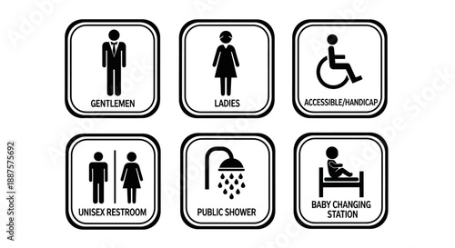 Toilet icons set, common male female restroom, handicap wheelchair access, WC direction, baby changing table room, toilet signs, WC signs collection