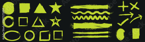 Collection of hand drawn neon yellow highlighter. Graphic elements on black background. Vector illustration. 