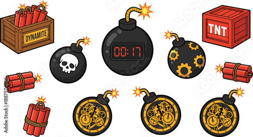 Cartoon bomb and dynamite illustration set featuring TNT crates, explosive timers, fuses, and detonators for game assets, comic graphics, and action design concepts