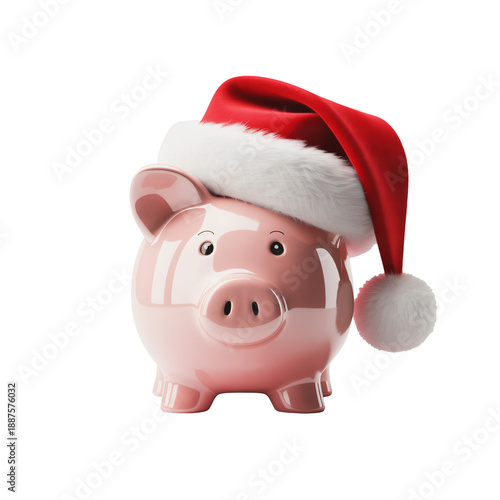 Pink piggy bank wearing red Christmas hat in festive holiday mood with soft white background for finance and savings