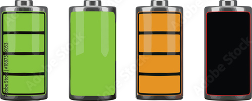 Battery charge level indicators illustration set showing full medium low and empty power status icons for energy technology design