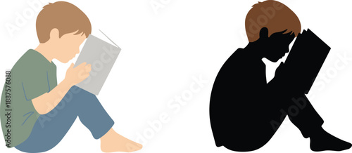 Child reading book illustration with colorful character and black silhouette showing learning, education, imagination, and childhood literacy concept in flat vector style