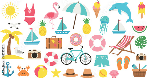 Large Set of Pastel Summer Vacation Icons Featuring Flamingo Dolphin Bicycle Beach Chair Umbrella and Tropical Travel Elements for Holiday Seasonal Graphic Designs