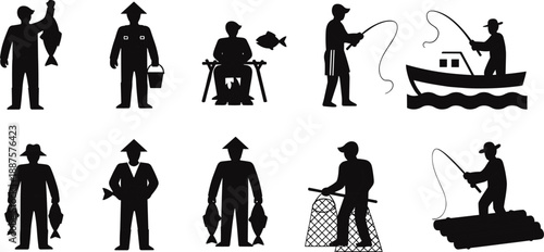Fisherman silhouette icon set showing anglers with fishing rods, nets, boats, and fresh catch activities in bold black vector illustration style