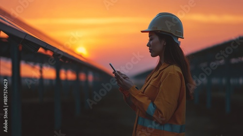 Technician solar farm sunset