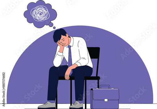 Stressed businessman sitting on chair with tangled thought bubble for workplace burnout and mental health awareness vector